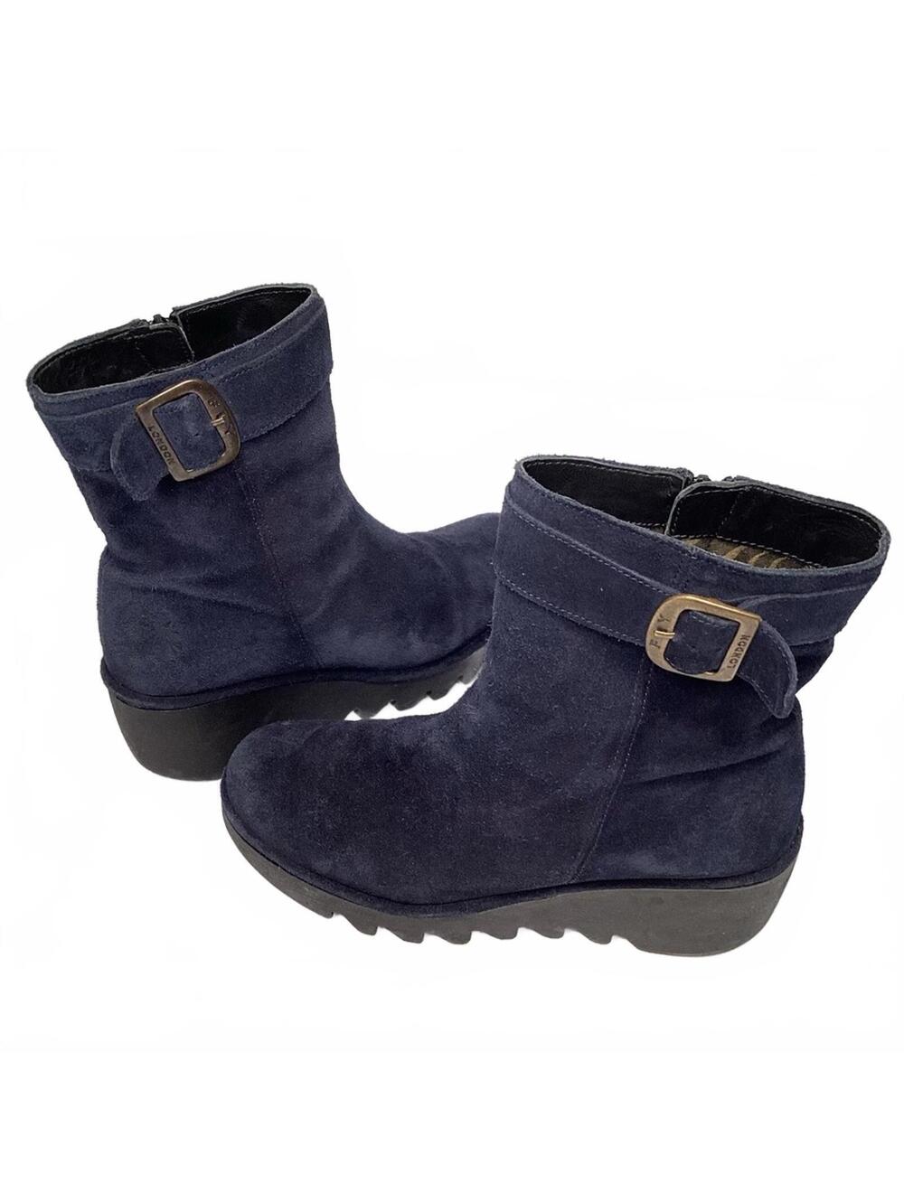Fly London Women Navy Suede Wedge Boots with Buckle detail Mid Calf Side Zip 8.5